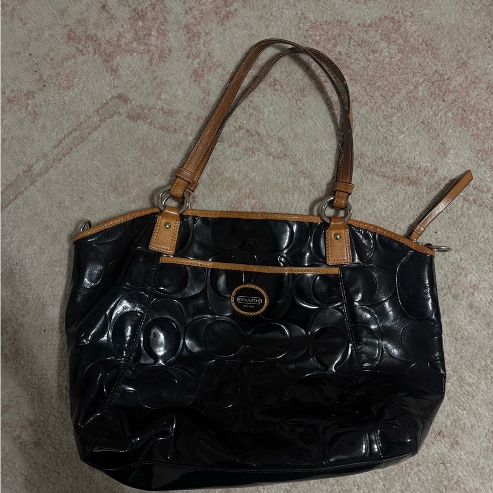 Coach Black Patent Tote with Tan Trim